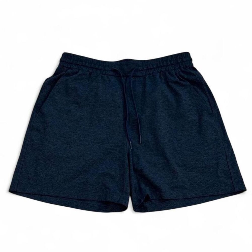 Lululemon Men’s heathered navy Soft Jersey Shorts, size M, with a 5-inch inseam